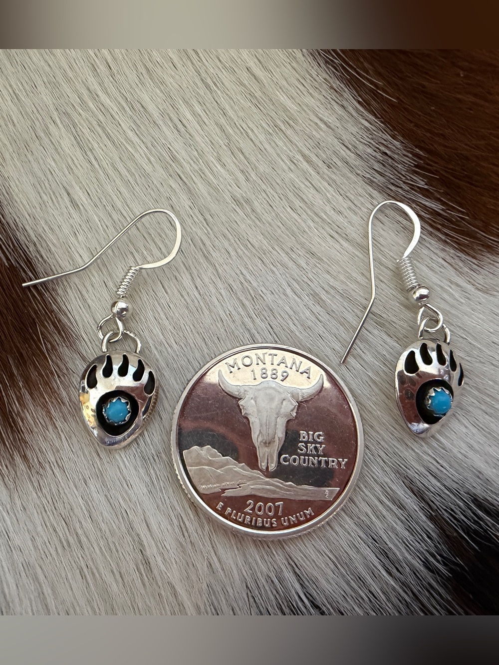❤️ Native Made Navajo Bear Paw Turquoise Sterling Silver Dangle Earrings 1.19”L - Picture 4 of 13